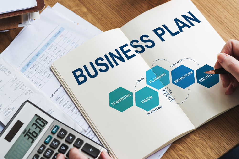 An image representing a business plan with calculator